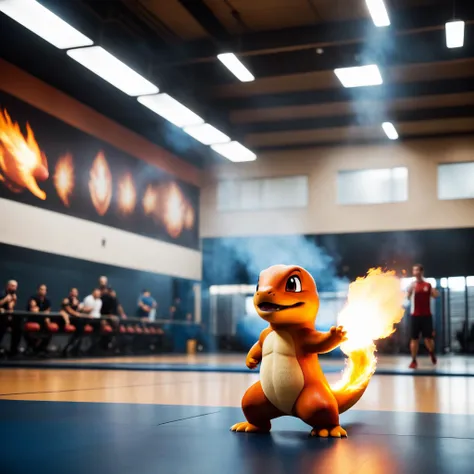 cinematic photo still of charmander breathing fire in a gym, highly detailed, bokeh, cinemascope, film grain, battle, pokemon, fire, charmander