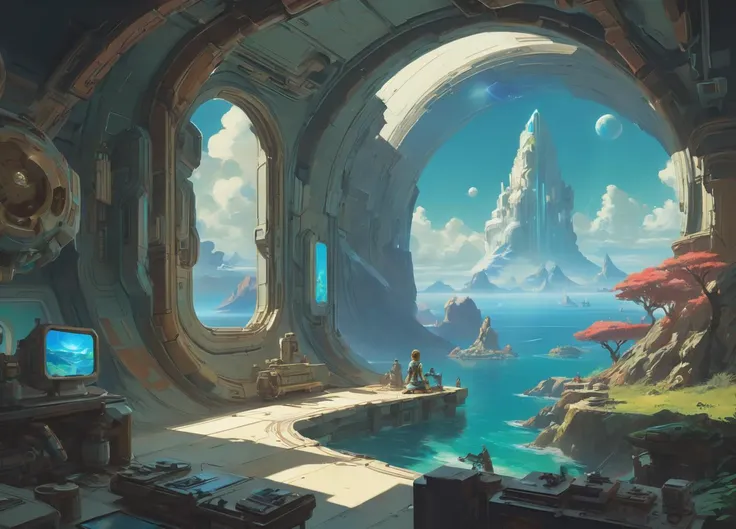 slorp slorpin, retro-futurism, cosmic horror, seascape, cutaway breath of the wild mural Ruan Jia