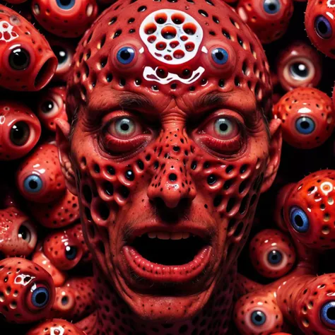 entirely covered with many (((evil eyes))),Trypophobia, rotten, red, man
