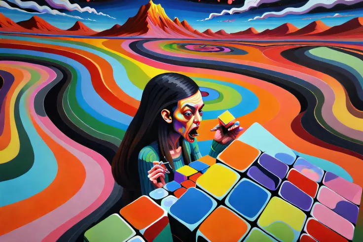 abstract acrylic painting, by shawnmalloyrocks, insanely detailed landscape of a woman's fear and insanity, swirly paints, gouache, rubiks cube color palette, surrealist, lowbrow, 4k, colorful, insanely detailed, horror aesthetic, dmt art, Lovecraftian, Kubrick 