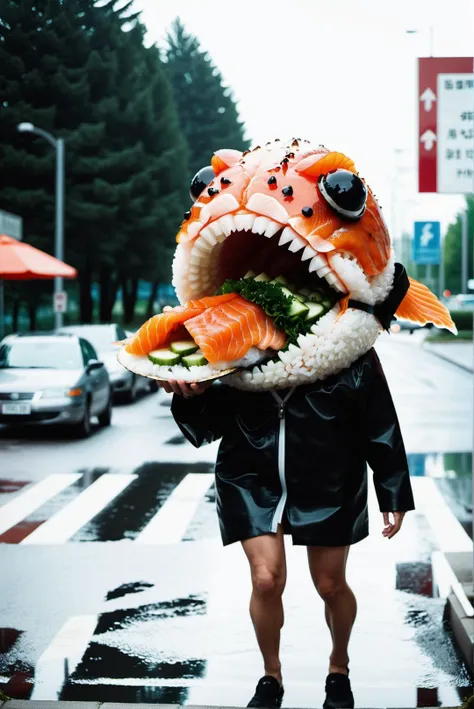 Positive: cinematic photo realistic photo of a humanoid raw salmon (sushi temaki) shaped creature walking on the streets of chernobyl <lora:xl_more_art-full-beta2:0.5> trypophobic skin, rotten teeth, manic mad eyes, spilling saliva, long tongue, horror movie xenomorph screaming by Diane Arbus taken by Joshua Hoffine taken by Rick Jones . 35mm photograph, film, bokeh, professional, 4k, highly detailed