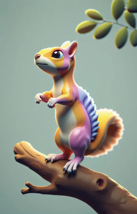 3d isometric, blender render, soft colorful-hued colors, tiny squirrel dinosaur hybrid perched on a tree branch, Two tone lighting, simple background