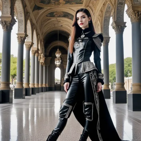 (Panorama photography of a beautiful 19yo teenage girl model wearing superb Cyber Baroque Noir outfit, random pose, in a random place, full body), (Very high quality, Highly detailed picture, Sharp focus, 8K Resolution, photography by Loretta Lux)