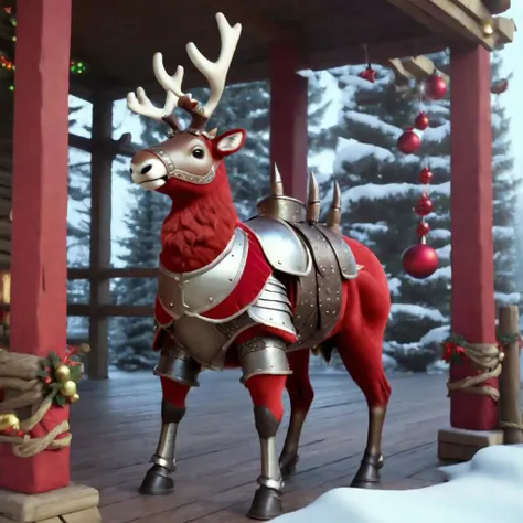 A reindeer with a kinght's armor, standing on its 2 feet, his armor is christmas themed and red colored./ 4k/ ultraHD