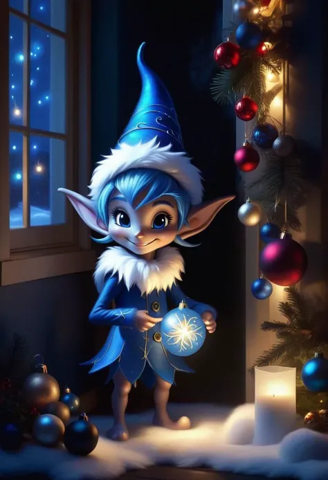 very dark night Christmas scene with a cute Blue Epoch Elf trying to find a faint light among shadows Christmas decorations, smile, fluffy, shadows, only the face is lighted, holiday atmosphere, ultra-fine, digital painting