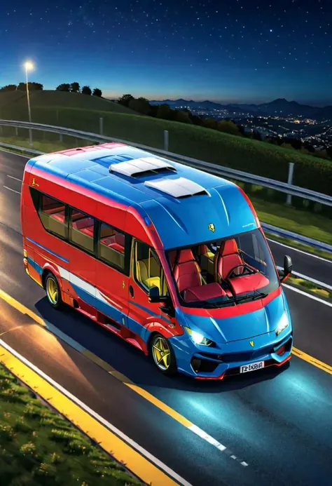 a supersport Ferrari van minibus, ferrari style, high quality, high resolution, on a long straight road, at night, blue sky, real colors, lineart, vibrant colors, beautiful colors, isometric