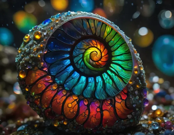 (best quality, masterpiece, hyperreal, ultra high res, photorealistic, raw photo, superb intricate, ultra detailed, highly contrasted, highly detailed colorful textures, sharp focus, 8K UHD), (macro photography, biolumiscent translucent nautilus, ammolite, macro lens, close up:3, FujiFilm X-T4 with Fujinon XF 35mm f/2 R WR), (National Geographic photographs:1.4), breathtaking, deep, vibrantly fresh, lushly crisp, vivid, beauty, mystique, wet moist atmosphere, iridescent water drops, misty mysterious magical scenery, Spectralism, (art by James Gurney, art by Fred Tomaselli, art by Max Magnus Norman:1.4), dynamic angle, Cinestill 800T,
