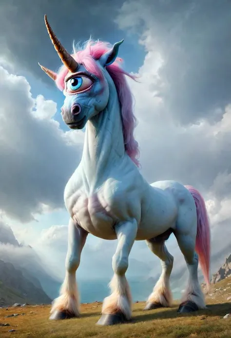 best quality,4k,8k,ultra hires,absurdres,photo realistic,RAW photo,hdr,sharp focus,skin imperfections,masterpiece,soft lighting,horror, skinny mare, (unicorn cyclops), one large eye in the center of the face, beautiful eye, horn, blue mane,