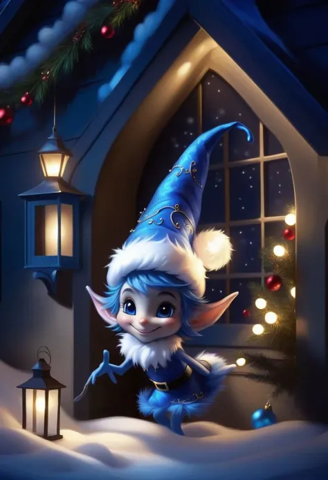 very dark night Christmas scene with a cute Blue Epoch Elf trying to find a faint light among shadows Christmas decorations, smile, fluffy, shadows, only the face is lighted, holiday atmosphere, ultra-fine, digital painting
