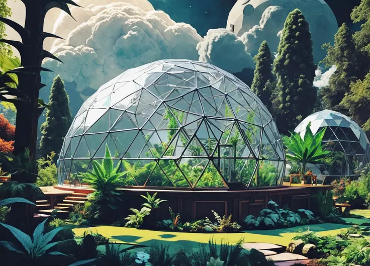 aesthetic vibes smoking weed in a mystical garden    style storm high contrast midday chrome lunar colony habitat dome geodesic 1970s art