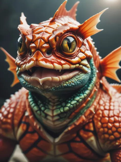 realistic portrait photo of a humanoid lizard Magikarp hybrid, dramatic cinematic LUT