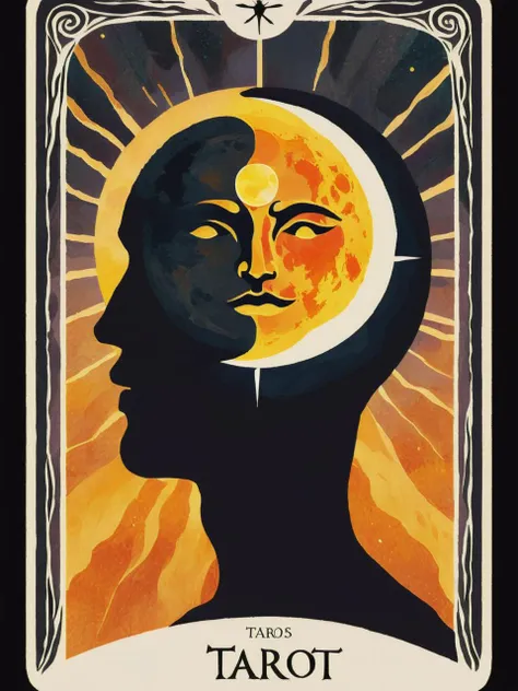 dark impressionist tarot card design, silhouette of a man with the face of the sun and the moon