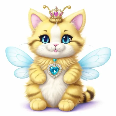 pencil drawing of fluffy plush princess cat bee hybrid, wearing princess jewelry