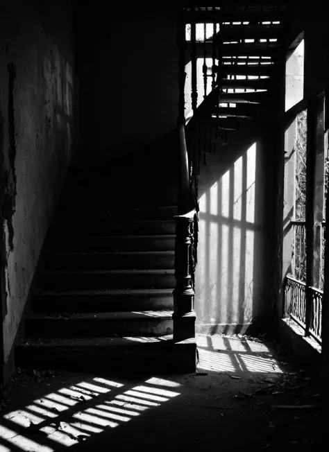 black and white artistic photo of an abandoned staircase, tasteful shadow art, high contrast, chiaroscuro