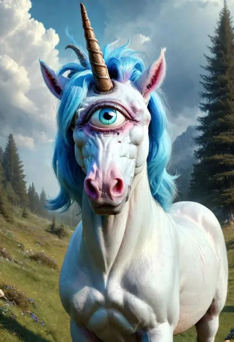best quality,4k,8k,ultra hires,absurdres,photo realistic,RAW photo,hdr,sharp focus,skin imperfections,masterpiece,soft lighting,horror, skinny mare, (unicorn cyclops), one large eye in the center of the face, beautiful eye, horn, blue mane,