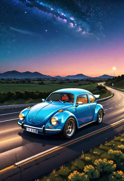 a supersport van, bettle style, high quality, high resolution, on a long straight road, at night, blue sky, real colors, lineart, vibrant colors, beautiful colors, isometric