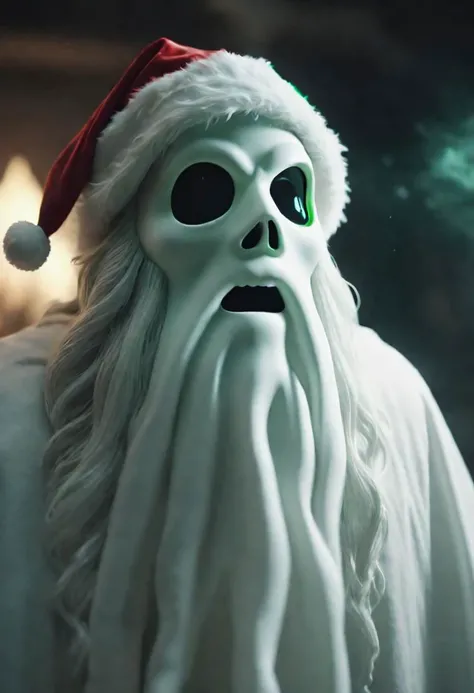 dramatic shot of ghost, AI Overlord Santa, greenteam, cinematic, high depth of field