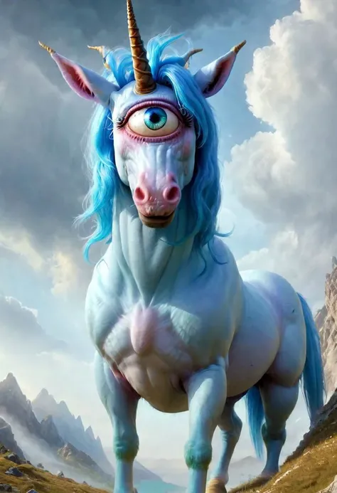 best quality,4k,8k,ultra hires,absurdres,photo realistic,RAW photo,hdr,sharp focus,skin imperfections,masterpiece,soft lighting,horror, skinny mare, (unicorn cyclops), one large eye in the center of the face, beautiful eye,happy, horn, blue mane,