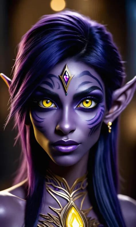 a realistic portrait of a night elf female with (((purple skin))), dark blue hair, beautiful face, yellow eyes, elegant features, detailed eyes, detailed hair, detailed skin, sharp focus, dim lighting