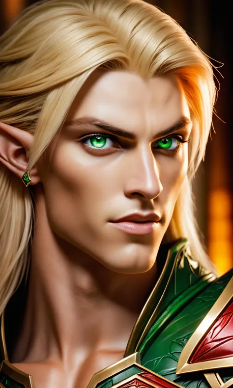 a realistic portrait of a blood elf male, chiseled features, fit, blonde hair, green eyes, elegant features, detailed eyes, detailed hair, detailed skin, sharp focus, perfect lighting