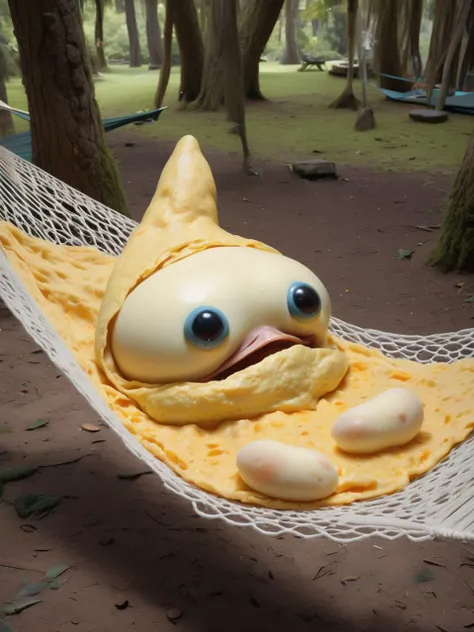 humanoid omelette creature lying in a hammock