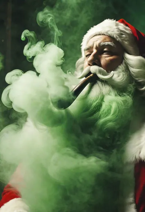 cinematic surreal photorealistic shot of billowing thick (green) smoke, santa smoking a pipe, greenteam, cinematic, high depth of field