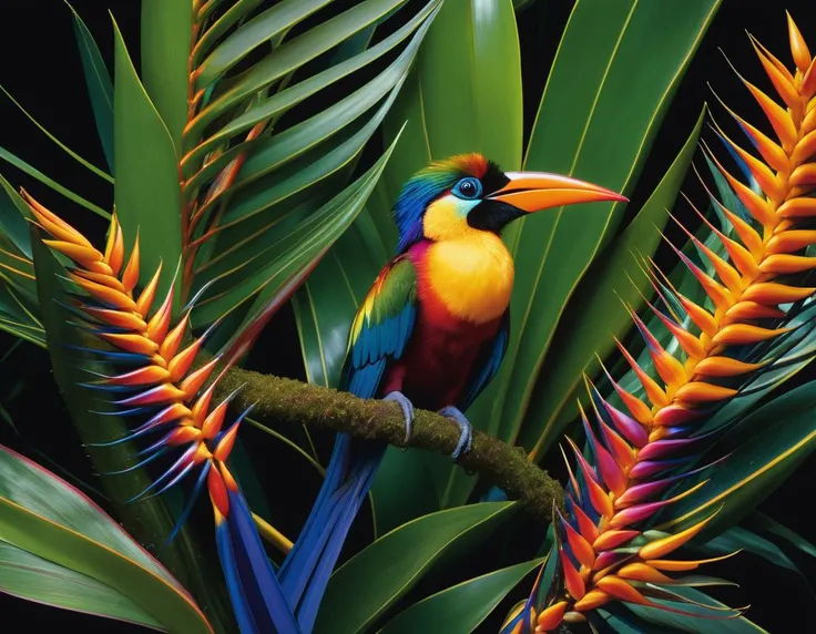 (best quality, masterpiece, ultra high res, photorealistic, raw photo, superb intricate, ultra detailed, highly contrasted, highly detailed colorful textures, sharp focus, 8K UHD), (macro photography, bird of paradise native to tropical rainforests, macro lens, close view, FujiFilm X-T4 with Fujinon XF 35mm f/2 R WR), (National Geographic photographs:1.2), breathtaking, deep, vibrantly fresh, lushly crisp, vivid, beauty, mystique, Spectralism, (art by James Gurney, art by Fred Tomaselli, art by Max Magnus Norman:1.4), dynamic angle, Ilford Delta 100,