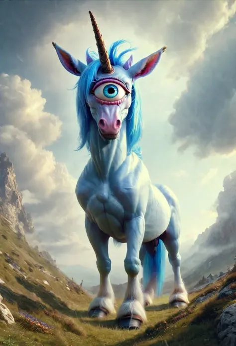 best quality,4k,8k,ultra hires,absurdres,photo realistic,RAW photo,hdr,sharp focus,skin imperfections,masterpiece,soft lighting,horror, skinny mare, (unicorn cyclops), one large eye in the center of the face, beautiful eye, horn, blue mane,