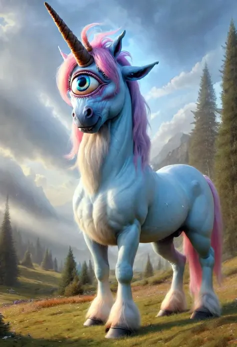 best quality,4k,8k,ultra hires,absurdres,photo realistic,RAW photo,hdr,sharp focus,skin imperfections,masterpiece,soft lighting,horror, skinny mare, (unicorn cyclops), one large eye in the center of the face, beautiful eye,happy, horn, blue mane,
