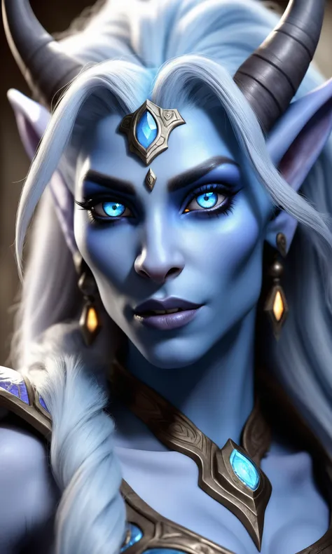 a realistic portrait of a (Draenei:0.75) woman with light blue skin, beautiful face, detailed eyes, detailed hair