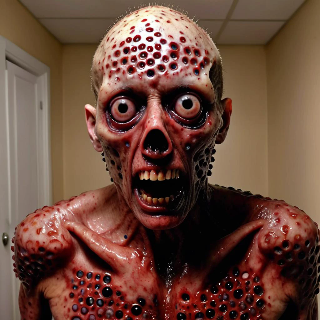 entirely covered with many (((evil eyes))), very rotten, , Trypophobia, pus everywhere, super bloody, creepy, bone, man