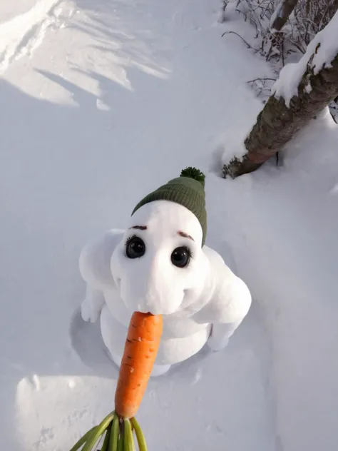 humanoid snowman, licking a carrot, pov