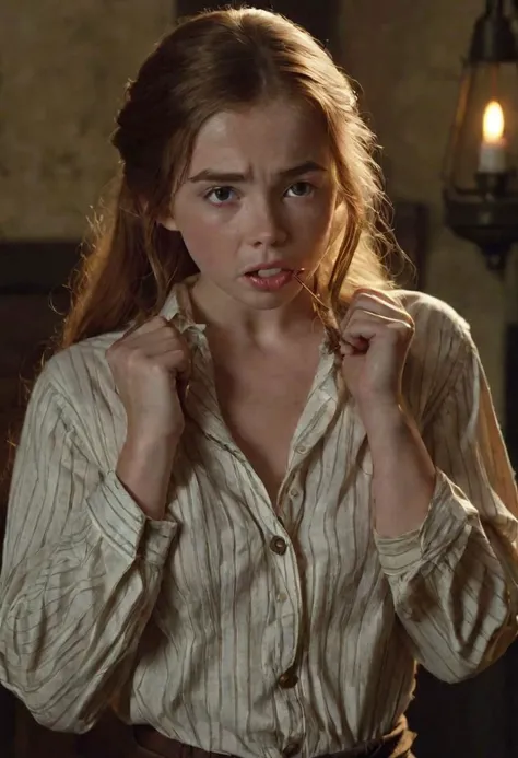 nsfw, highres masterpiece, award winning, medium full shot, a pretty cute irish girl, wearing nothing but an (19th century:1.2) cotton shirt, (completely unbuttoned shirt:1.2), opened shirt, parting lips, pleased, seductive, secretive, mysterious, ambiguous, inviting, devilish, mischievous, sarcastic, tempting, complicit, explicit, exquisite lighting, intricately detailed, cinematic LUT