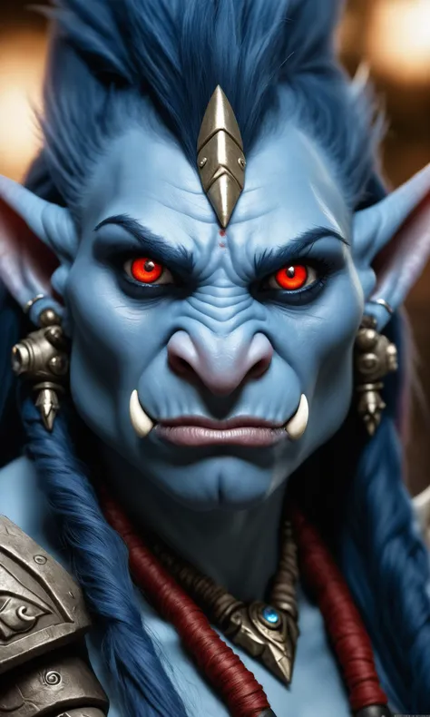 a realistic portrait of a troll female from warcraft, blue skin, feminine features, tusks, red mohawk, fit, detailed eyes, detailed hair, detailed skin, sharp focus, harsh lighting, nose ring
