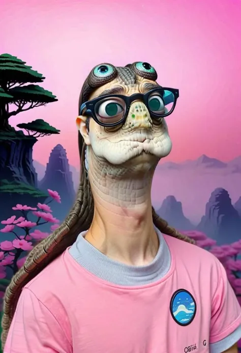 a portrait of Oogway1024, with a mullet, volume, wearing a pink polo shirt, wearing nerdy eyeglasses, vaporwave background