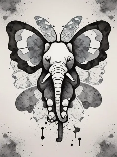 rorschach inkblot drawing of a butterfly elephant hybrid, abstract monochrome ink splatter art