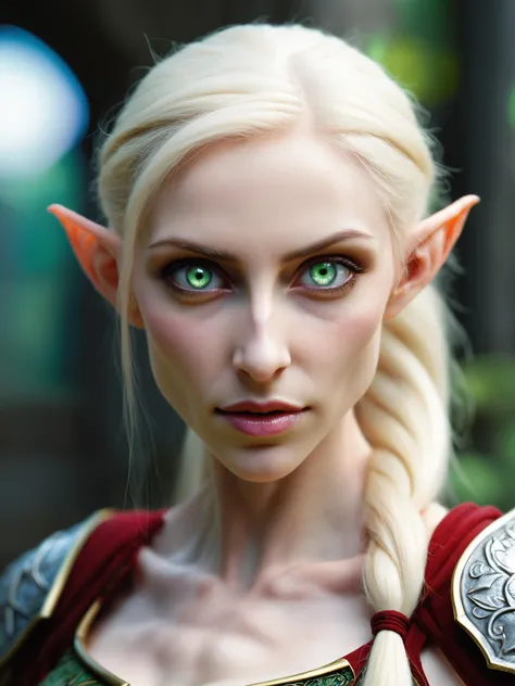 a realistic portrait photo of a blood elf woman, beautiful face, light blonde hair, ponytail, highly detailed skin, highly detailed hair, large eyes, bright green eyes, feminine features, pale skin, high contrast, cinematic, harsh lighting, magical background, green crystal