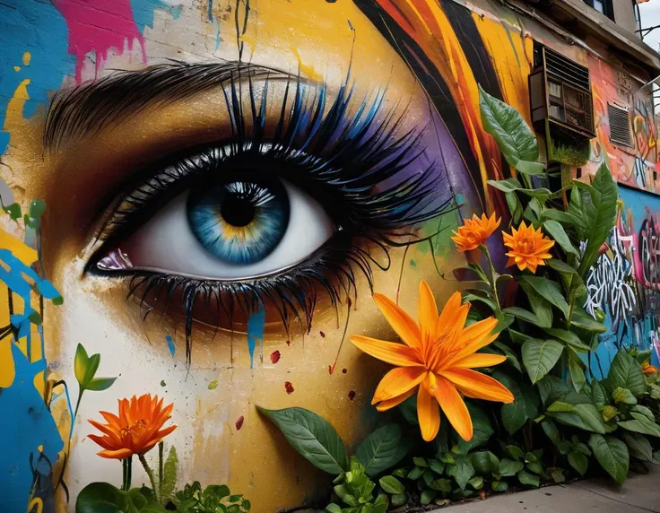 (best quality, masterpiece, ultra high res, photorealistic, raw photo, highly detailed, ultra detailed, intricate detailed, complex, superb intricate, sharp focus, 8K UHD, dslr), (macro photography, world of flowers and plants, macro lens, close up, Nikon D780 with Nikkor 14-24mm f/2.8G), (National Geographic photographs:1.1), deep, vibrantly fresh, lushly crisp, highly detailed colorful textures, vivid,  beauty, mystique, graffiti style , street art, vibrant, urban, detailed, tag, mural, (by art Robert Maguire, art Daria Endresen, art Ron Miller:1.4),  cinematic lighting,