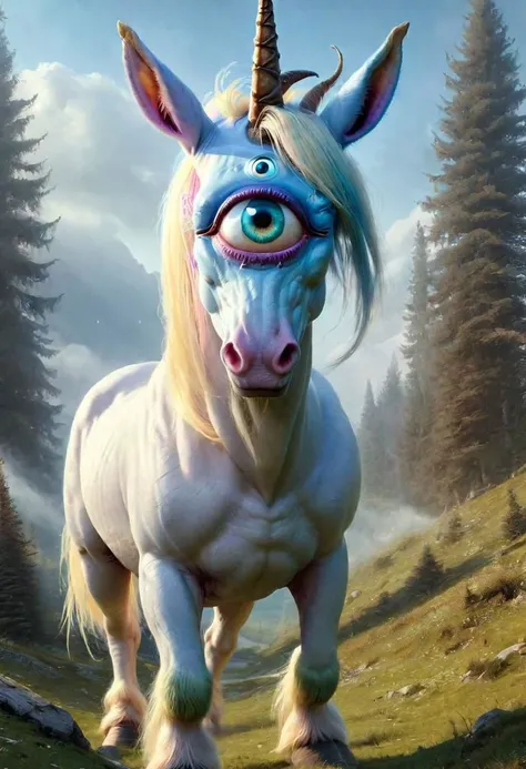 best quality,4k,8k,ultra hires,absurdres,photo realistic,RAW photo,hdr,sharp focus,skin imperfections,masterpiece,soft lighting,horror, skinny mare, (unicorn cyclops), one large eye in the center of the face, beautiful eye, horn, blue mane,