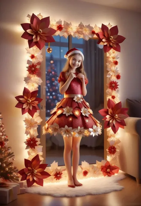 girl decorated all around with three-dimensional flower Christmas in red and gold colors, beautiful and pleasant lighting