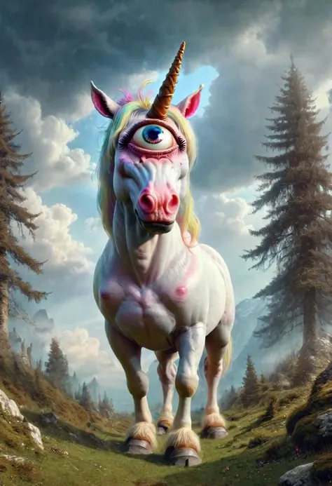 best quality,4k,8k,ultra hires,absurdres,photo realistic,RAW photo,hdr,sharp focus,skin imperfections,masterpiece,soft lighting,horror, horse, (unicorn cyclops), one large eye in the center of the face, horn