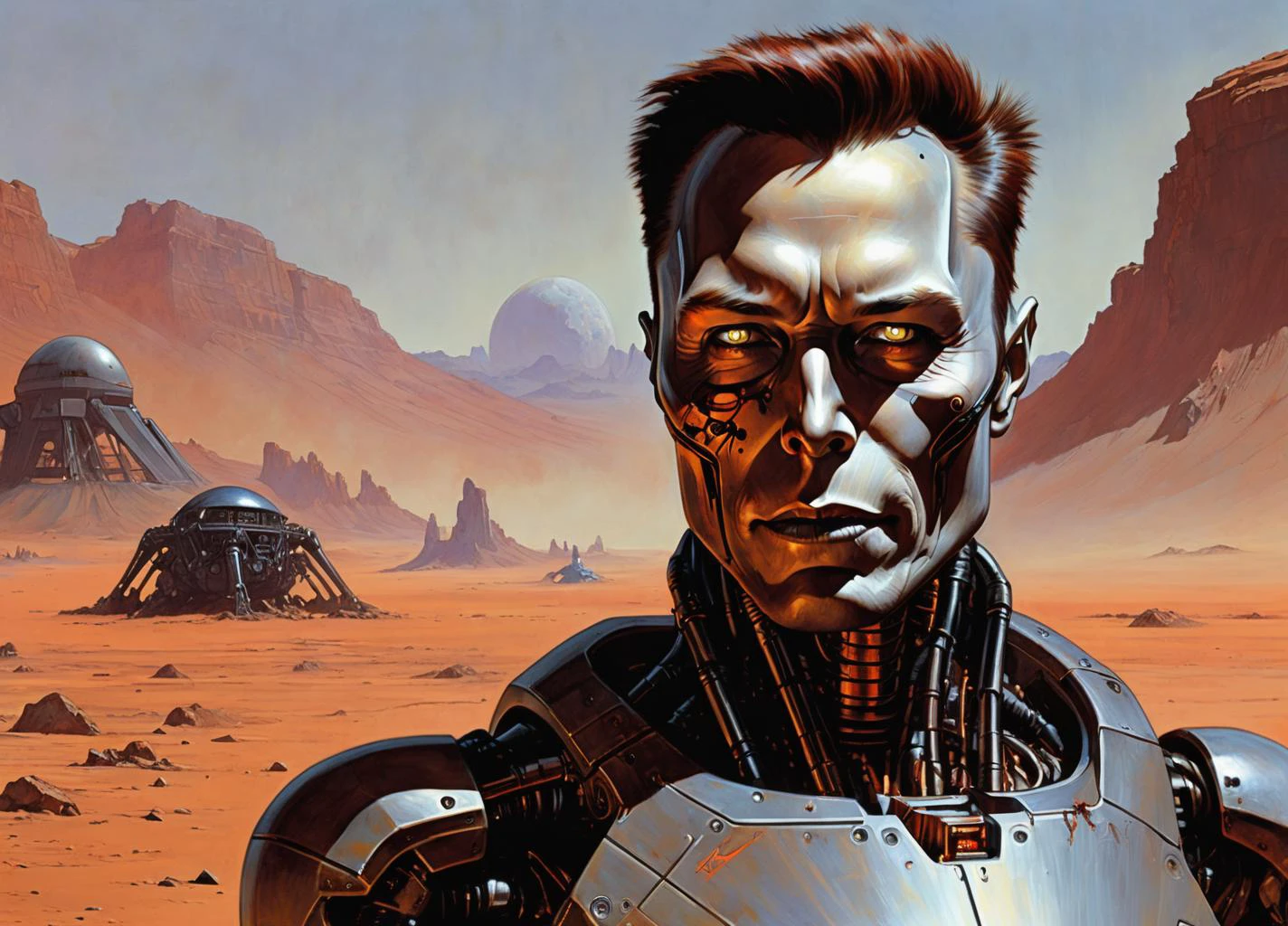 elon musk terminator feasts on last humans on mars. detailed, close-up, macabre, charred corpse. highly detailed portrait, , concept art, horror, created by frank frazetta and moebius and