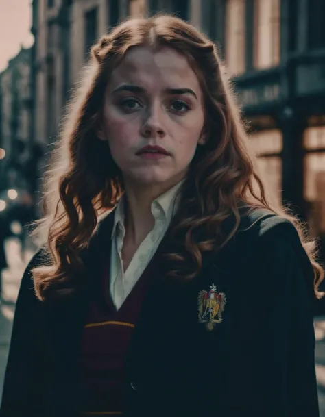solo mid shot portrait photo of a real life version of Hermione Granger, cinematic LUT, highly detailed analog style photography, by Darwyn Cooke and WLOP