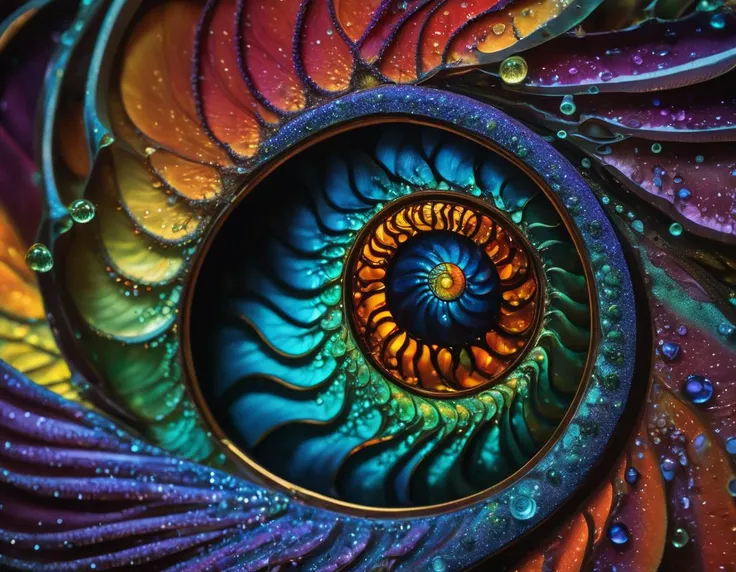 (best quality, masterpiece, hyperreal, ultra high res, photorealistic, raw photo, superb intricate, ultra detailed, highly contrasted, highly detailed colorful textures, sharp focus, 8K UHD), (macro photography, biolumiscent translucent nautilus, ammolite, macro lens, close up:3, FujiFilm X-T4 with Fujinon XF 35mm f/2 R WR), (National Geographic photographs:1.4), breathtaking, deep, vibrantly fresh, lushly crisp, vivid, beauty, mystique, wet moist atmosphere, iridescent water drops, misty mysterious magical scenery, spiral, Spectralism, (art by James Gurney, art by Fred Tomaselli, art by Max Magnus Norman:1.4), dynamic angle, Lomography Berlin Kino 400,