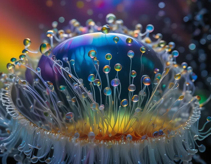 (best quality, masterpiece, hyperreal, ultra high res, photorealistic, raw photo, superb intricate, ultra detailed, highly contrasted, highly detailed colorful textures, sharp focus, 8K UHD), (macro photography, biolumiscent translucent glass jellyfish, macro lens, close up:3, FujiFilm X-T4 with Fujinon XF 35mm f/2 R WR), (National Geographic photographs:1.4), breathtaking, deep, vibrantly fresh, lushly crisp, vivid, beauty, mystique, wet moist atmosphere, iridescent water drops, misty mysterious magical scenery, spiral, rainbow, ammolite, Spectralism, (art by James Gurney, art by Fred Tomaselli, art by Max Magnus Norman:1.4), dynamic angle, __filmxl__,