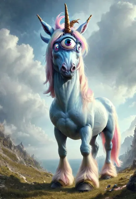 best quality,4k,8k,ultra hires,absurdres,photo realistic,RAW photo,hdr,sharp focus,skin imperfections,masterpiece,soft lighting,horror, skinny mare, (unicorn cyclops), one large eye in the center of the face, beautiful eye,eye happy, horn, blue mane,