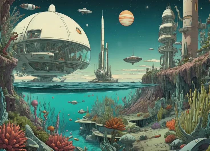 slorp slorpin, retro-futurism, cosmic horror, seascape, cutaway futurama botanical