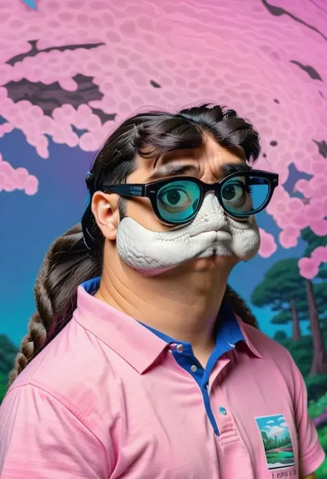 a portrait of Oogway1024, with a mullet, volume, wearing a pink polo shirt, wearing nerdy eyeglasses, vaporwave background