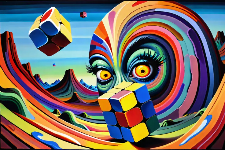 abstract acrylic painting, by shawnmalloyrocks, insanely detailed landscape of a woman's fear and insanity, swirly paints, gouache, rubiks cube color palette, surrealist, lowbrow, 4k, colorful, insanely detailed, horror aesthetic, dmt art, Lovecraftian, Kubrick