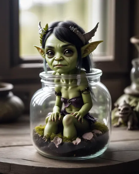 orc fairy girl sitting in a glass jar